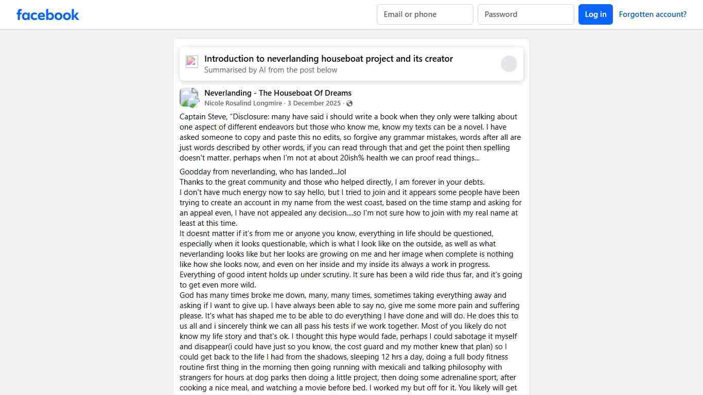 Neverlanding - The Houseboat Of Dreams Captain Steve, “Disclosure: many have said i should write a book when they only were talking about one aspect of different endeavors but those who k... Facebook