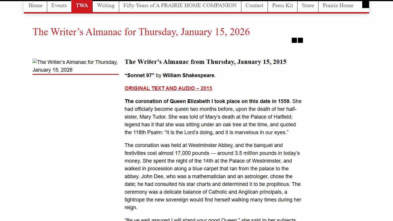 The Writer's Almanac for Thursday, January 15, 2026 Garrison Keillor